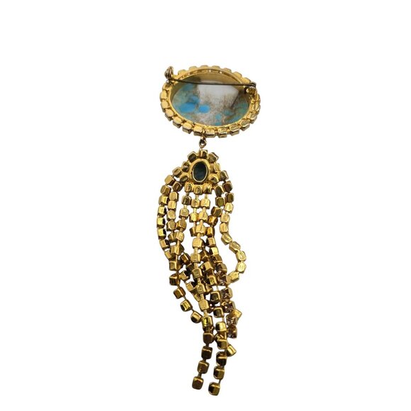 Vintage Turquoise Hubble Glass & Rhinestone Dangle Brooch (A8145) - Picture 3 of 5